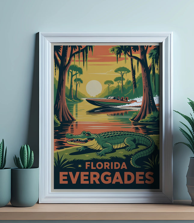 Vintage poster art depicting an alligator, a speed boat, and Florida Everglades text.