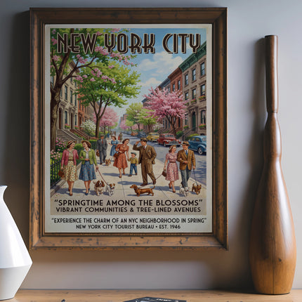 New York City "Springtime Among The Blossoms" vintage travel poster.