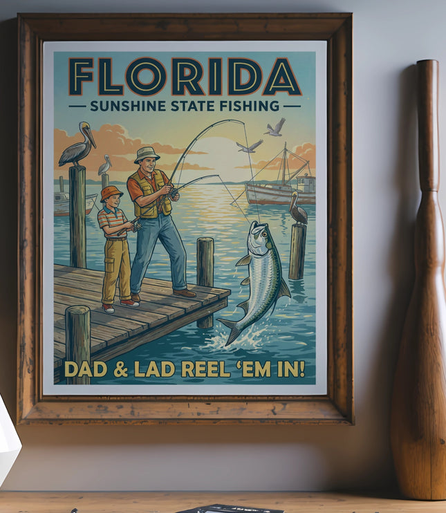 Florida Sunshine State Fishing poster with dad and son fishing from pier.