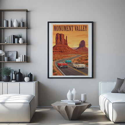 Monument Valley poster with desert buttes and vintage cars driving on a road.