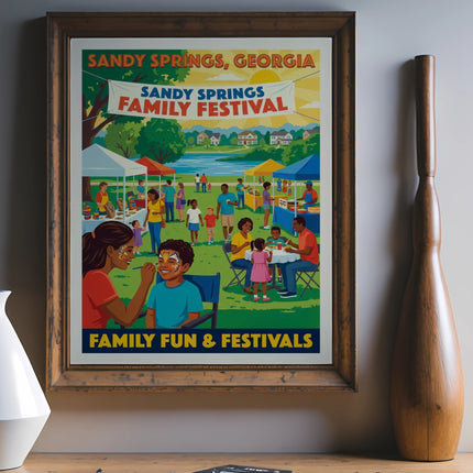 Sandy Springs, Georgia Family Fun & Festivals poster with families enjoying activities.