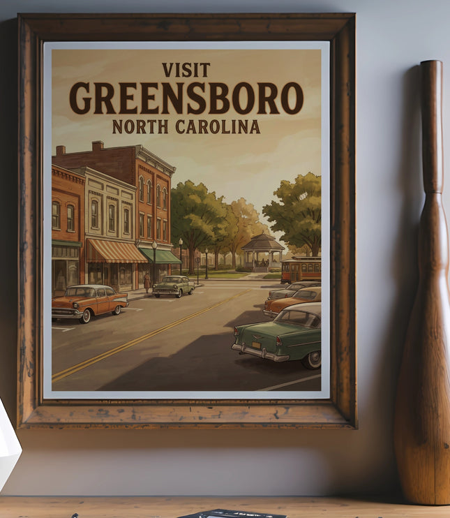 Framed "Visit Greensboro North Carolina" poster with vintage cars and buildings.