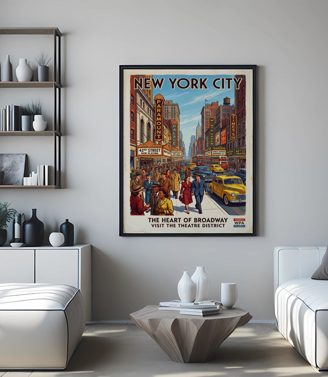 New York City vintage poster "The Heart of Broadway" with street scene and theaters.