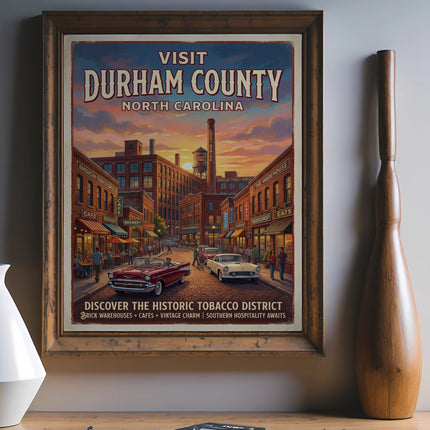 Travel poster for Durham County, North Carolina, featuring historic tobacco district buildings and vintage cars.