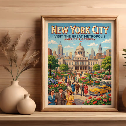 Vintage New York City travel poster with people, buildings, and a yellow car.