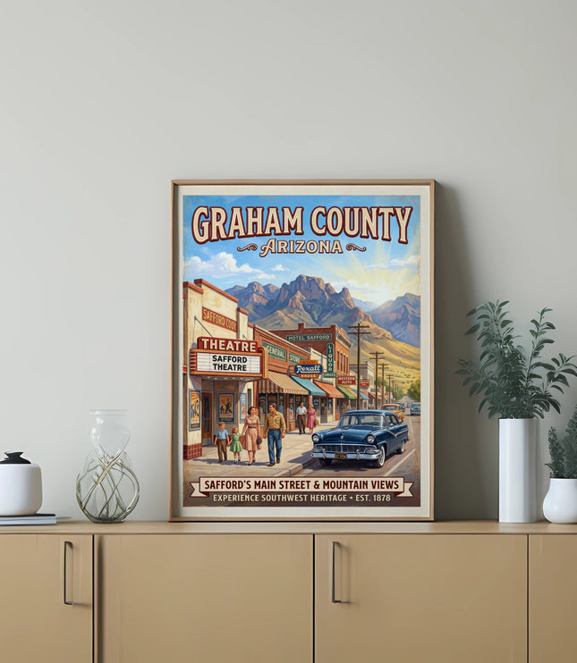 Graham County Arizona poster featuring Safford's Main Street, shops, and mountains.