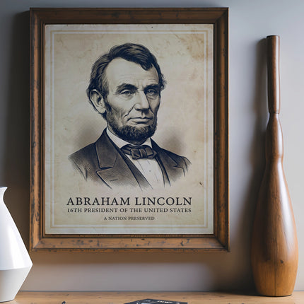 Abraham Lincoln portrait in a frame with text "16th President of the United States A Nation Preserved."