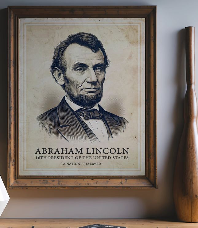 Abraham Lincoln portrait in a frame with text "16th President of the United States A Nation Preserved."