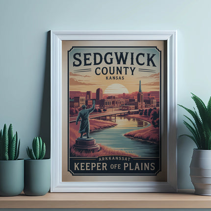Sedgwick County Keeper of Plains poster in a white frame with plants.