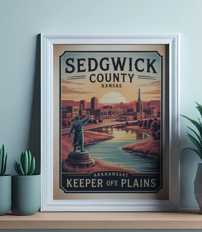 Sedgwick County Keeper of Plains poster in a white frame with plants.
