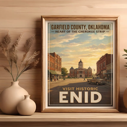 Garfield County, Oklahoma poster featuring historic Enid buildings, a pick-up truck, and vintage text.