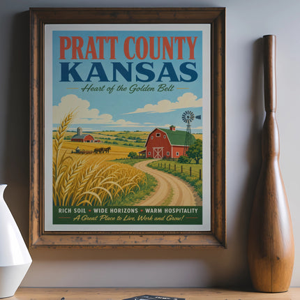Pratt County Kansas vintage travel poster with farm scene and text.