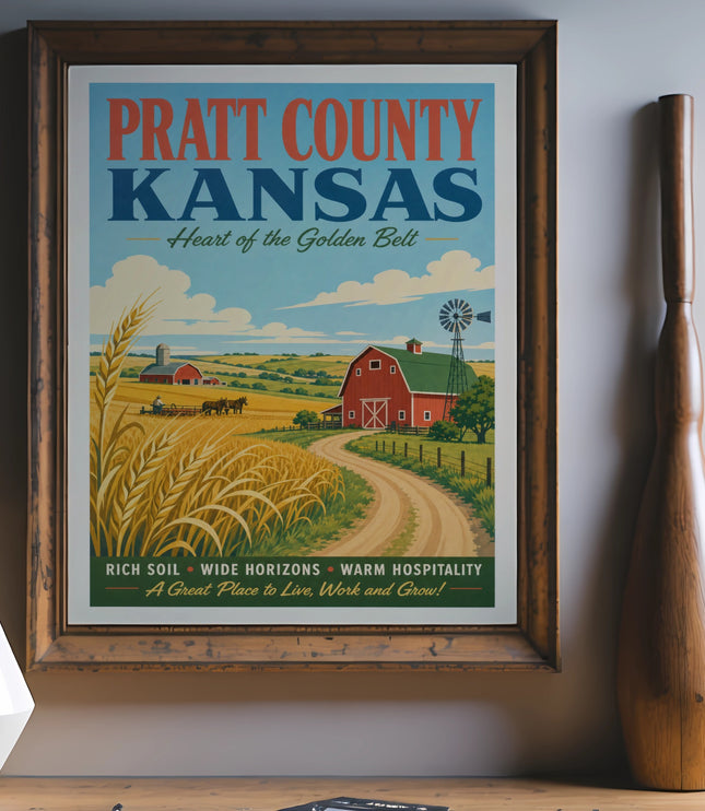 Pratt County Kansas vintage travel poster with farm scene and text.
