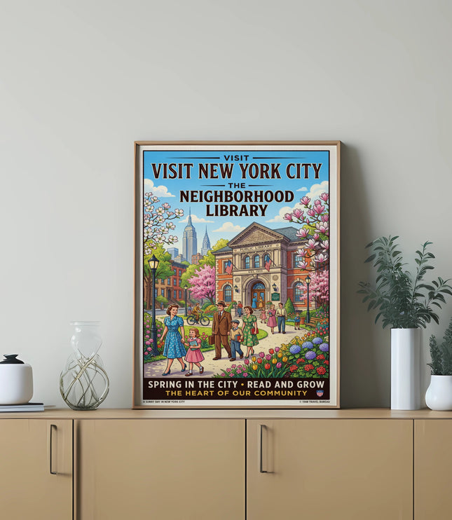 Visit New York City The Neighborhood Library poster with families walking.