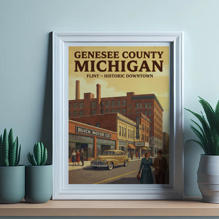 Genesee County Michigan Flint historic downtown poster with Buick Motor Co. building.