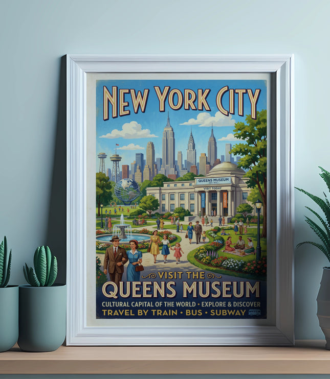 New York City poster: Visit the Queens Museum, travel by train, bus, subway.