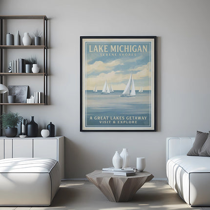 Lake Michigan serene shores travel poster with sailboats and text.