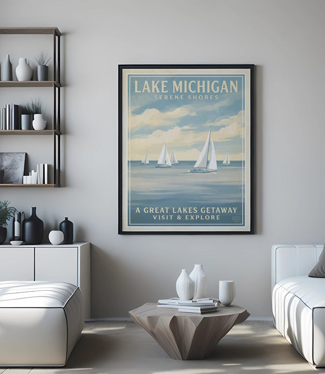 Lake Michigan serene shores travel poster with sailboats and text.