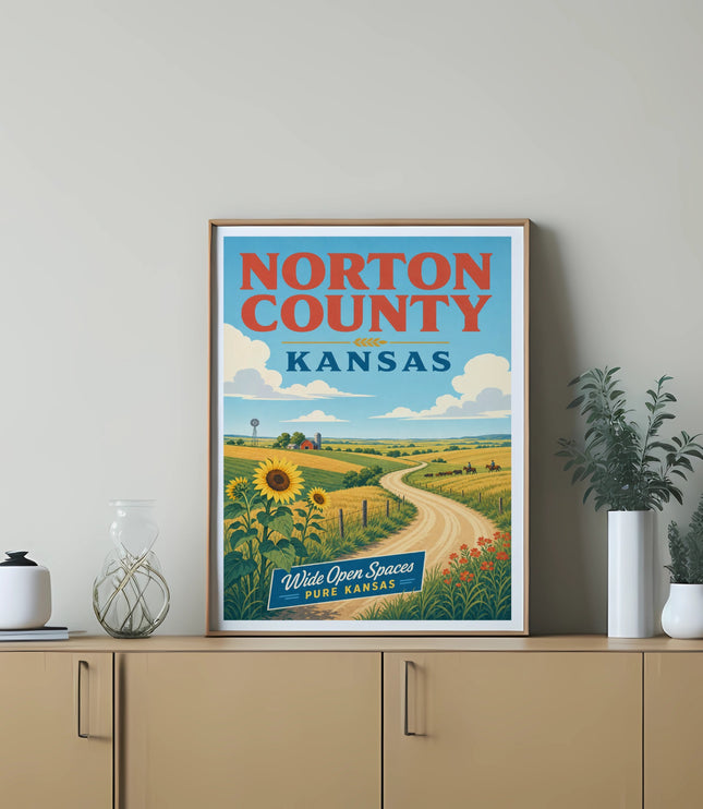 NORTON COUNTY KANSAS vintage travel poster with sunflower field and rolling hills.