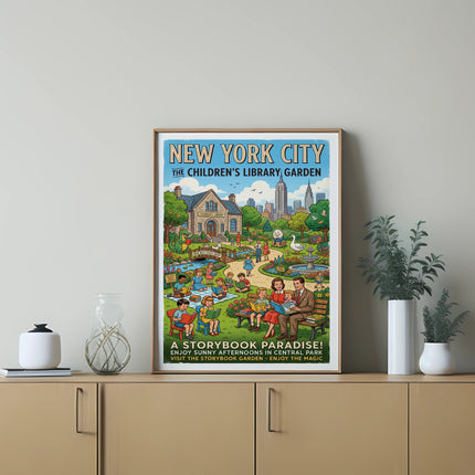 New York City Children's Library Garden poster with cartoon illustrations and text.