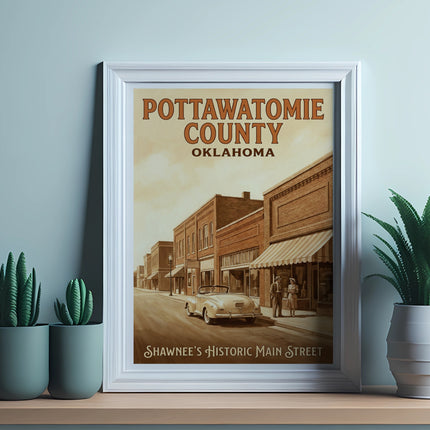 Pottawatomie County Oklahoma poster featuring Shawnee's historic main street.