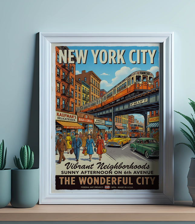 New York City subway poster showing 6th Avenue with people, cars, and elevated train.