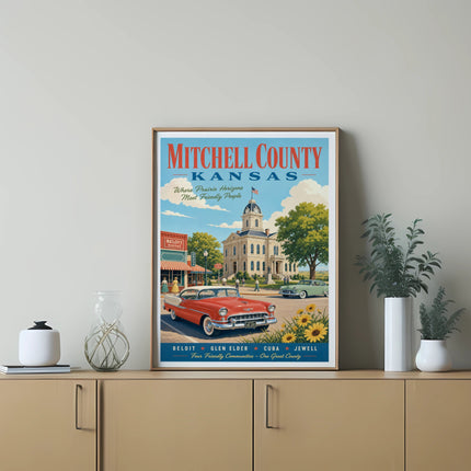 Mitchell County Kansas poster with vintage car and courthouse illustration.