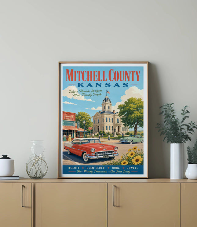 Mitchell County Kansas poster with vintage car and courthouse illustration.