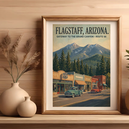 Flagstaff, Arizona Route 66 vintage poster with mountains, storefronts, and trucks.