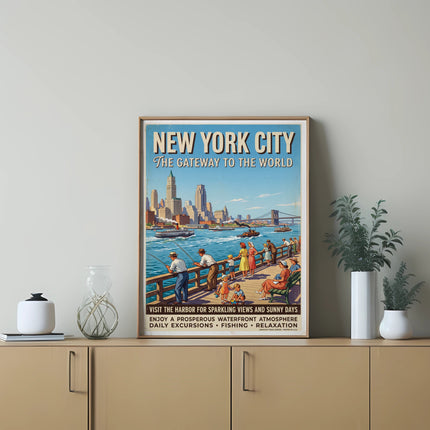 New York City vintage travel poster with harbor view and people enjoying leisure activities.
