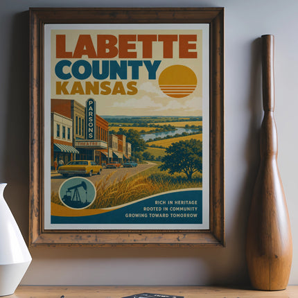 Labette County Kansas poster with Parsons Theatre, landscape, and slogan.