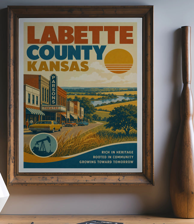 Labette County Kansas poster with Parsons Theatre, landscape, and slogan.