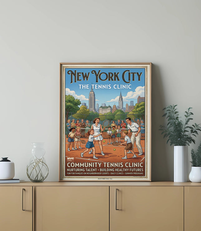 New York City The Tennis Clinic poster: community tennis, nurturing talent, building futures.