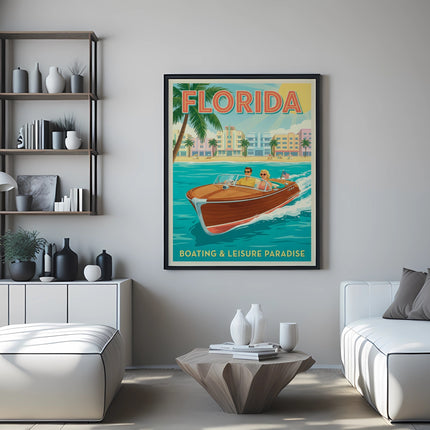 Florida travel poster with boat and palm trees.