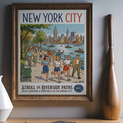 New York City vintage poster depicting Riverside Paths and skyline.