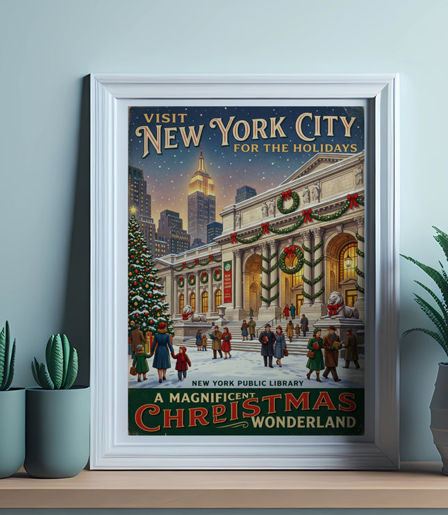 Vintage poster of New York City for the holidays, depicting the public library and Empire State Building.