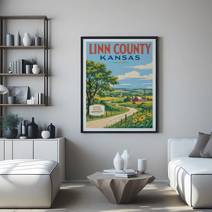 Vintage travel poster for Linn County, Kansas, featuring a farm scene and sunflowers.