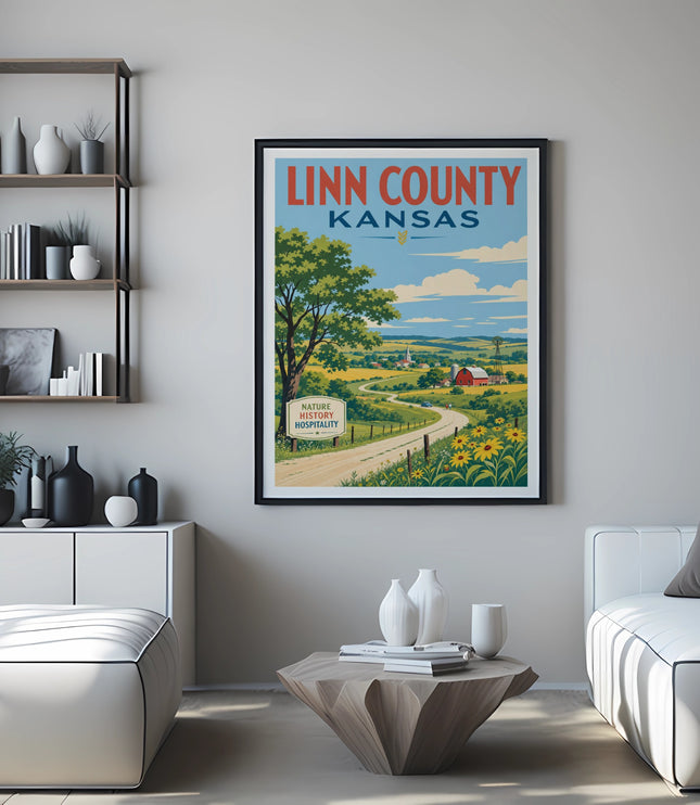 Vintage travel poster for Linn County, Kansas, featuring a farm scene and sunflowers.