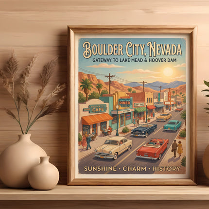 Vintage poster of Boulder City, Nevada, featuring downtown with cars and text.