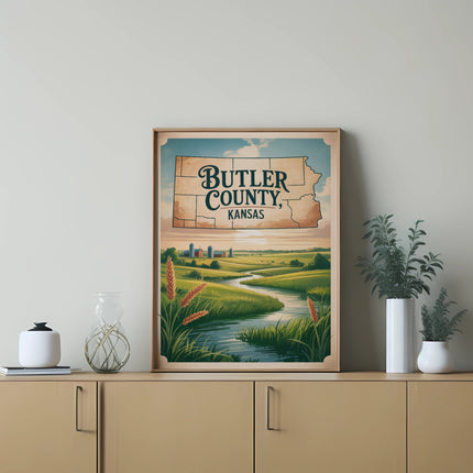 Butler County, Kansas vintage travel poster with scenic landscape.
