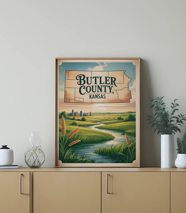 Butler County, Kansas vintage travel poster with scenic landscape.