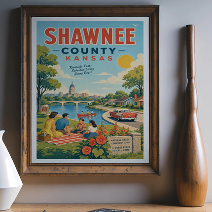 Vintage Shawnee County, Kansas travel poster with family picnicking by a river.