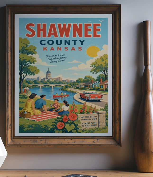 Vintage Shawnee County, Kansas travel poster with family picnicking by a river.