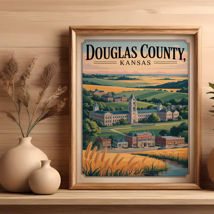 Framed artwork of Douglas County, Kansas, with buildings and rolling hills.