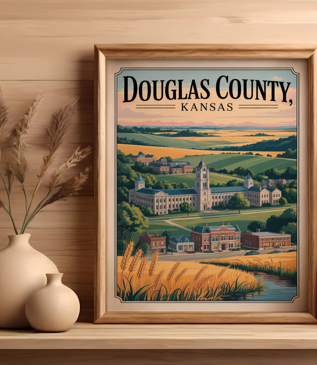 Framed artwork of Douglas County, Kansas, with buildings and rolling hills.