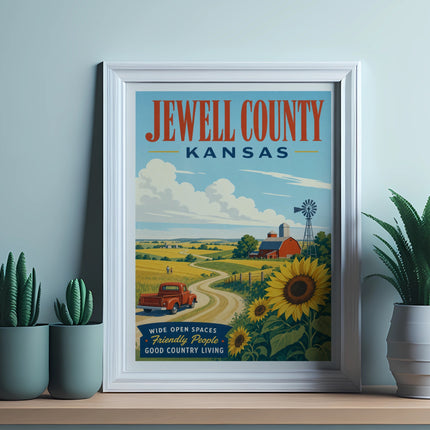 Vintage Jewell County Kansas poster with farm scene, sunflowers, and red truck.