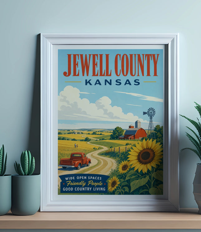 Vintage Jewell County Kansas poster with farm scene, sunflowers, and red truck.