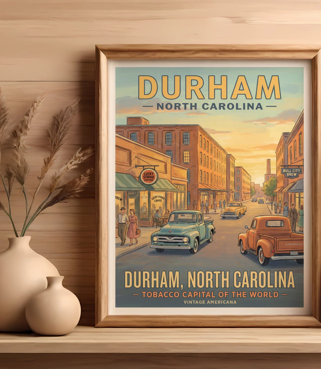 Vintage-style poster of Durham, NC with "Lucky Strike Coffee" and "Bull City Brew".