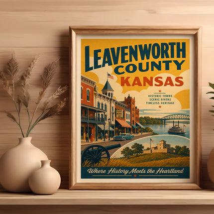 Leavenworth County, Kansas vintage travel poster with historic buildings and river.