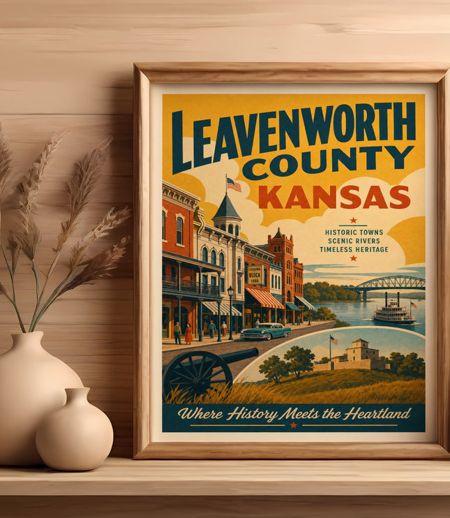 Leavenworth County, Kansas vintage travel poster with historic buildings and river.